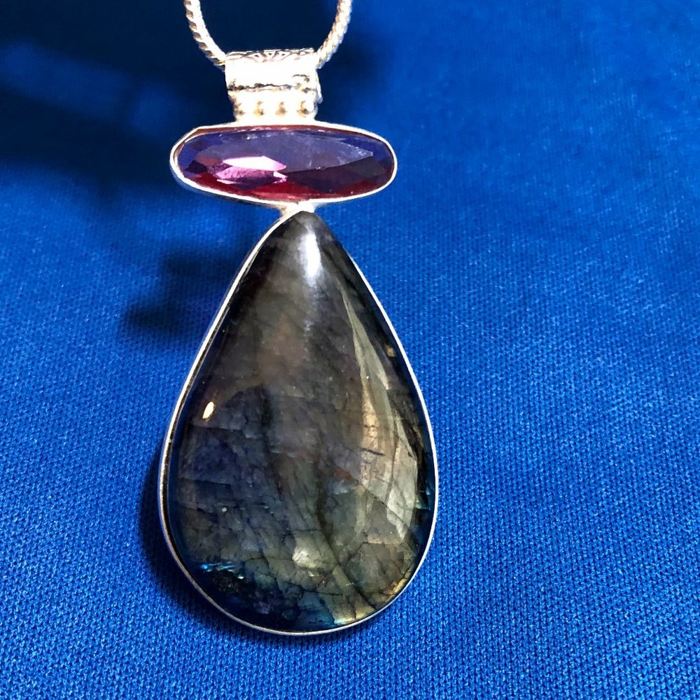 Large Fiery Labradorite Stamped Sterling Silver Necklace.